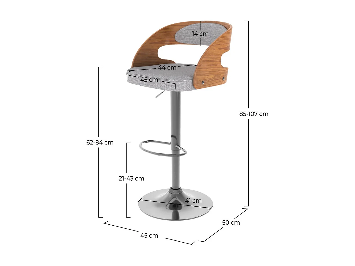 Chaise de bar réglable 62/84 cm en tissu gris clair - Louis