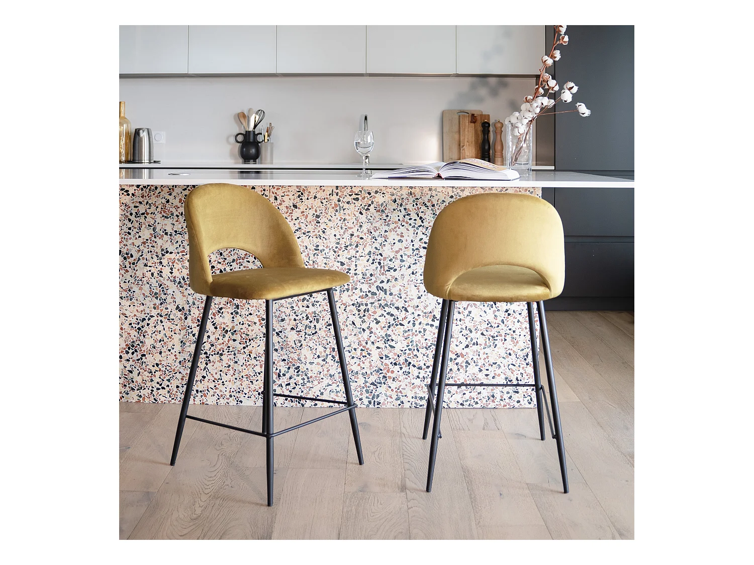 Set de 2 taburetes para isla de cocina en terciopelo amarillo 65 cm - Pénélope