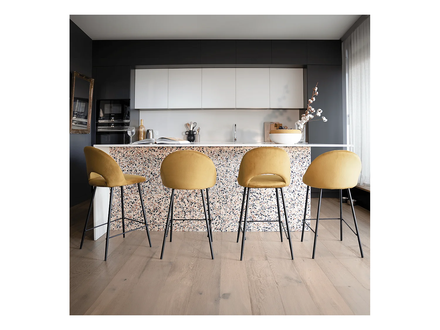 Set de 2 taburetes para isla de cocina en terciopelo amarillo 65 cm - Pénélope