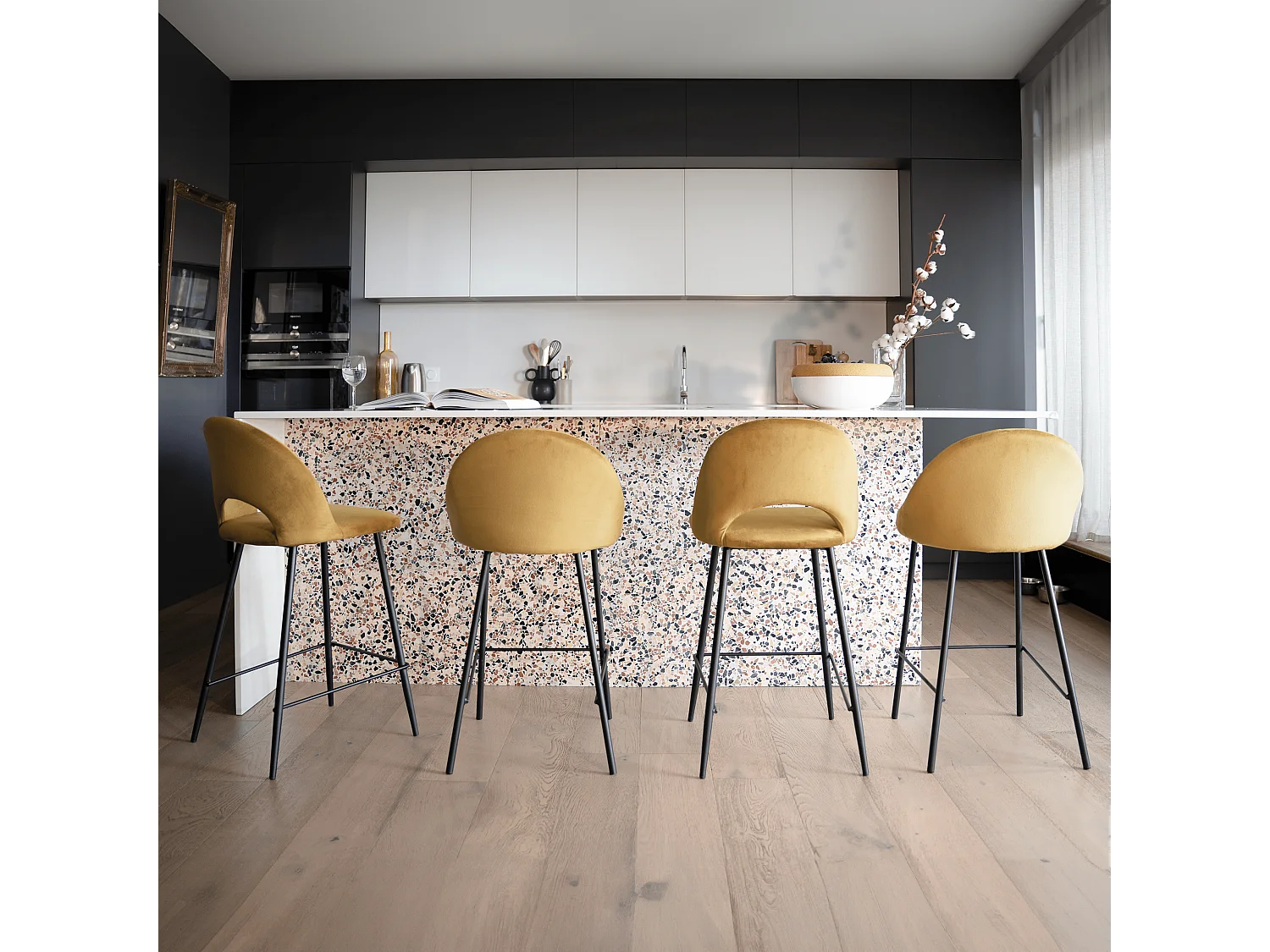 Set de 2 taburetes para isla de cocina en terciopelo amarillo 65 cm - Pénélope