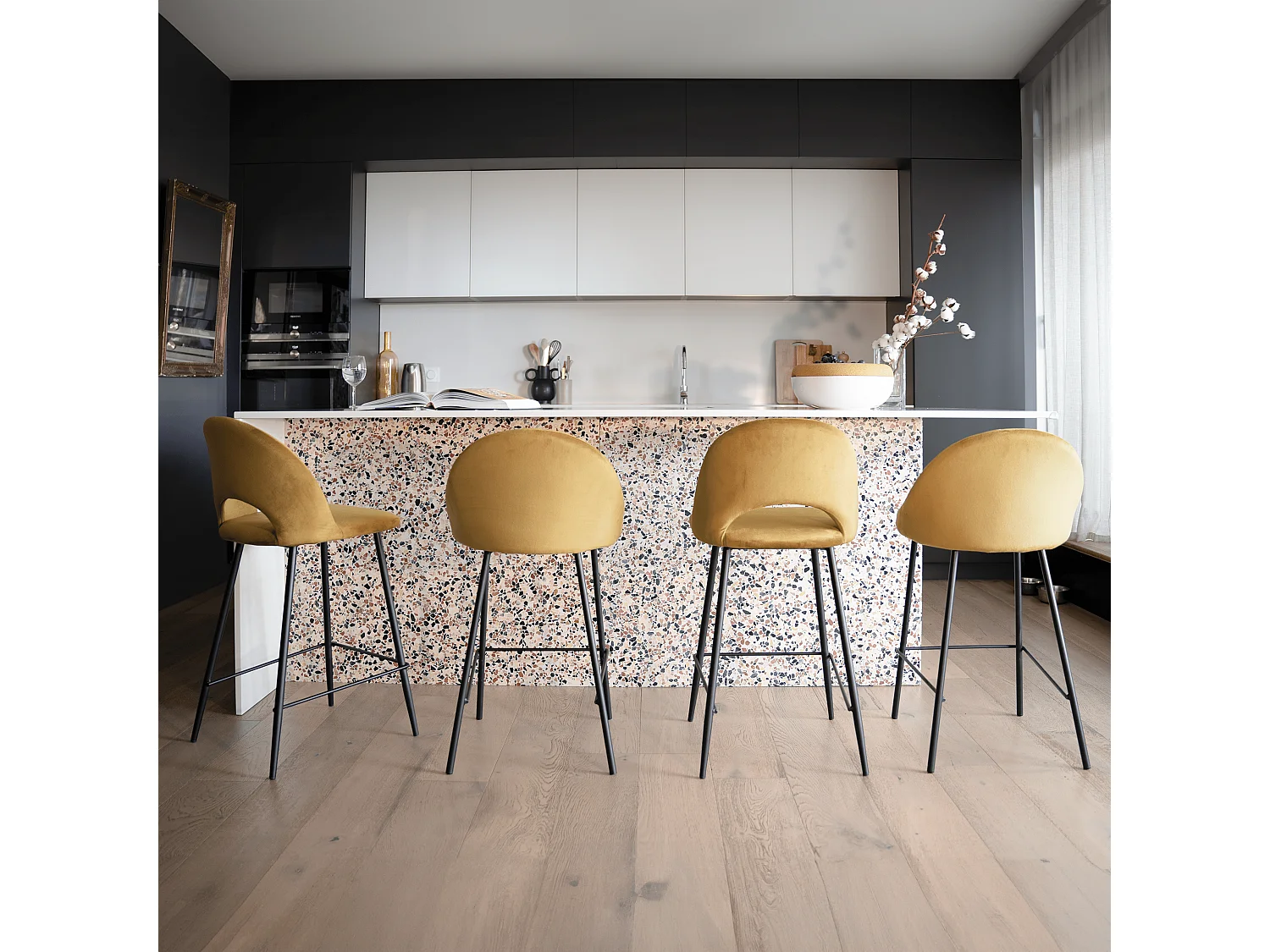 Set di 2 sedie per isola centrale 65 cm in velluto giallo - Pénélope