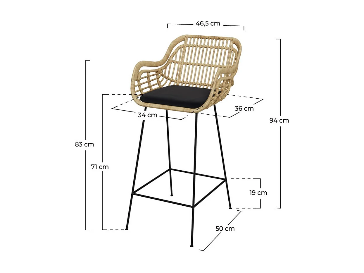 Silla de bar de ratán natural con patas de metal 71 cm - Chiloe