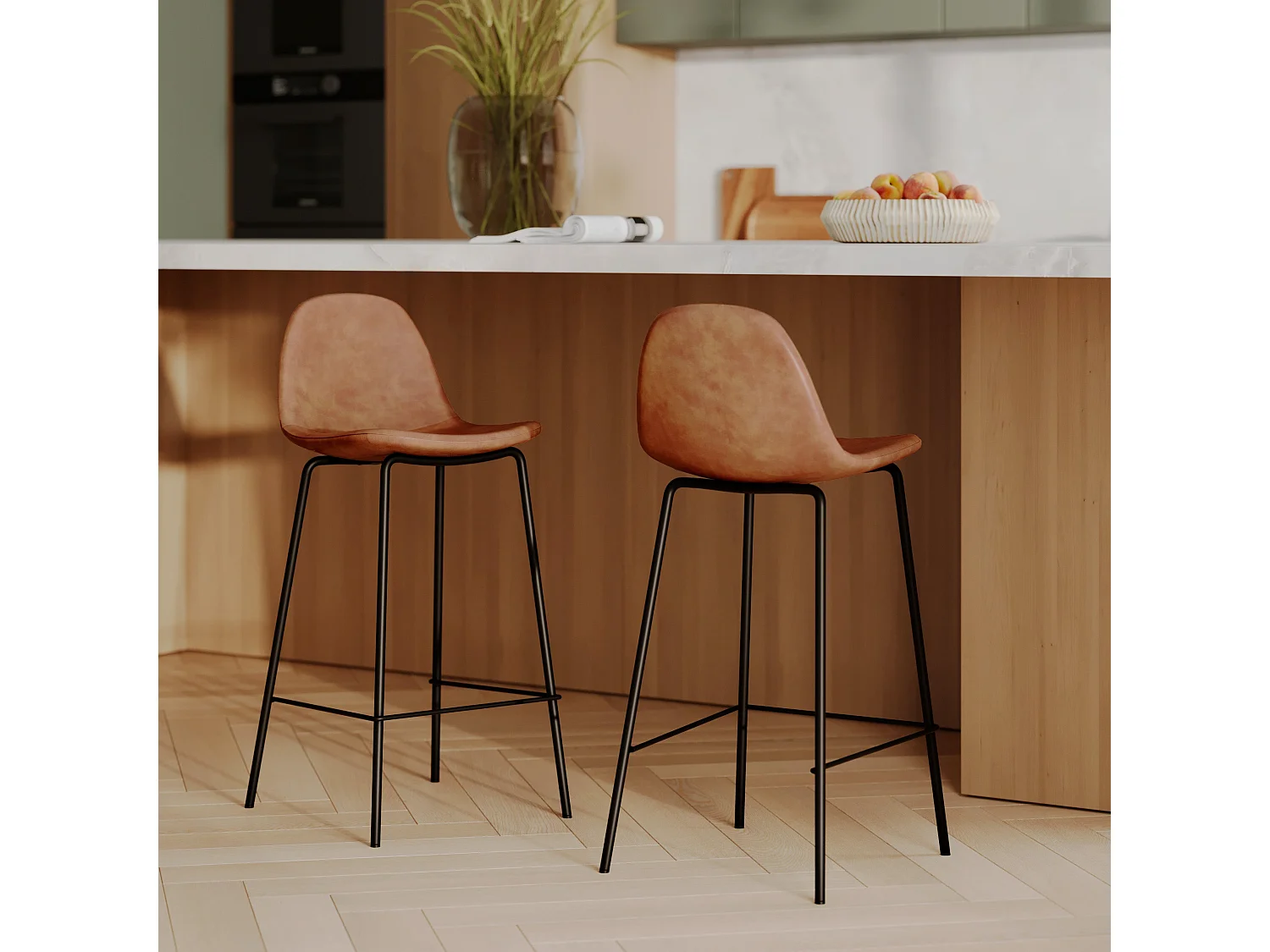 Lot de 2 chaises pour îlot central 65 cm en cuir synthétique camel - Henrik