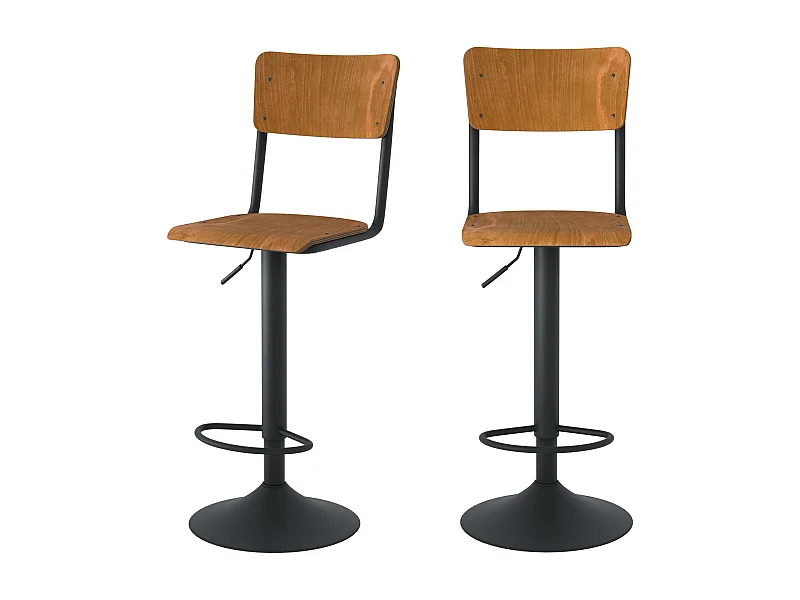 Lot de 2 chaises de bar réglables 60/80 cm en bois foncé - Clem