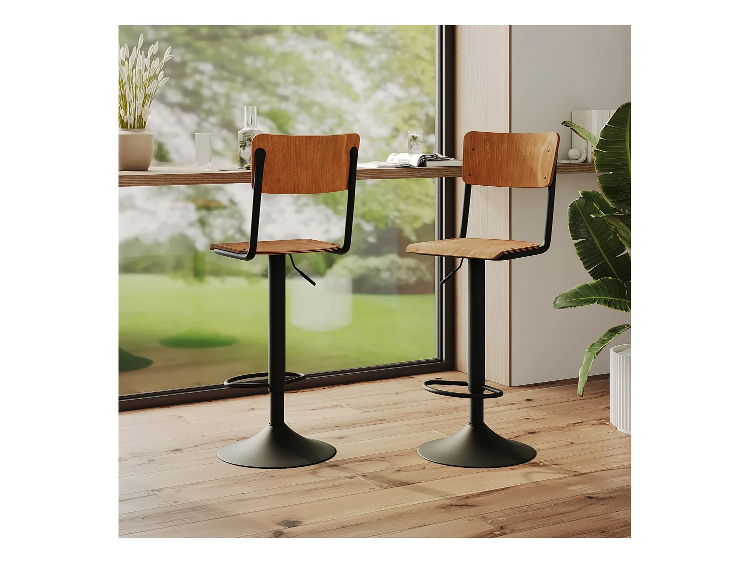 Set de 2 sillas de bar ajustables 60/80 cm en madera oscura - Clem