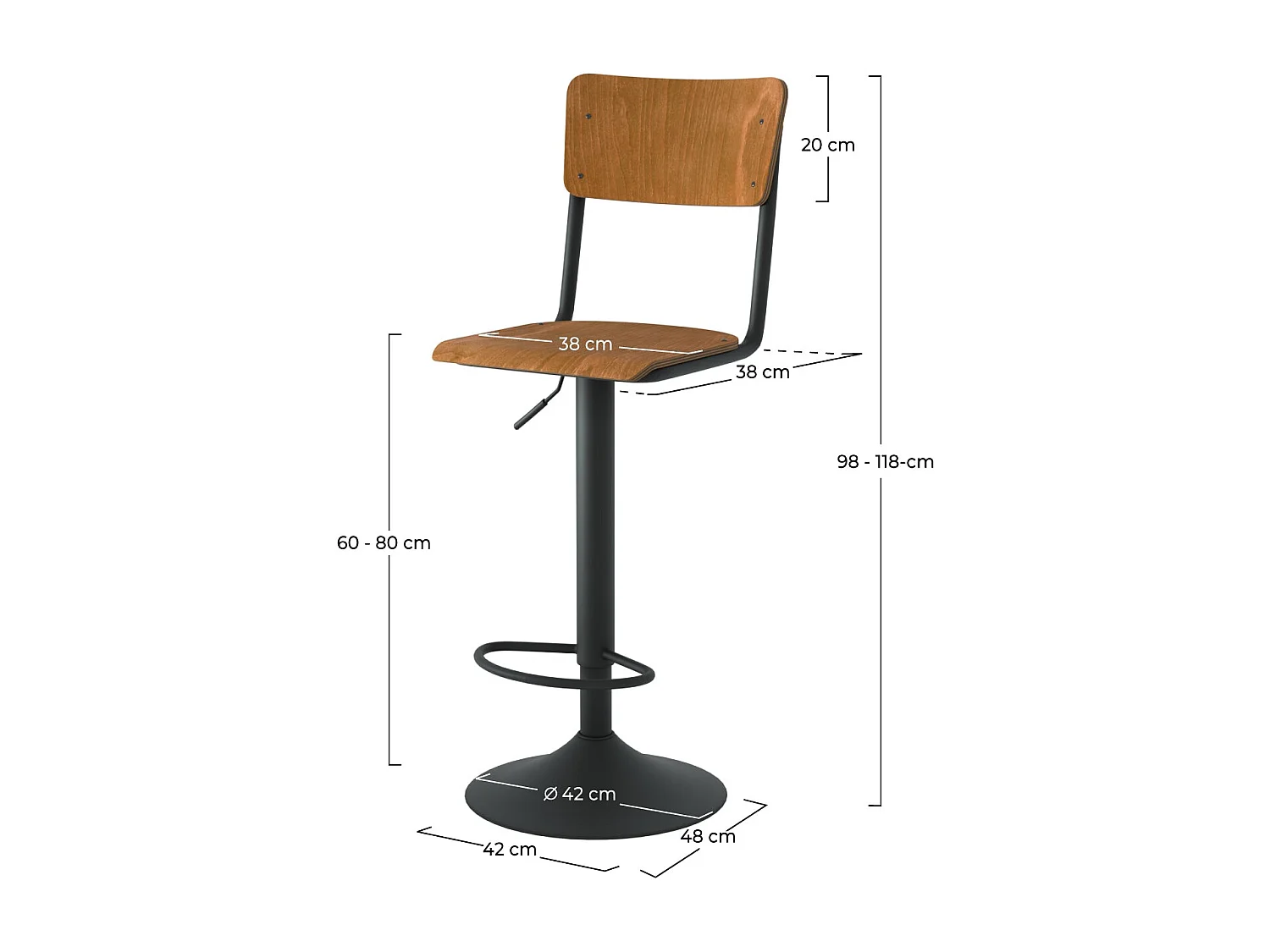 Lot de 2 chaises de bar réglables 60/80 cm en bois foncé - Clem
