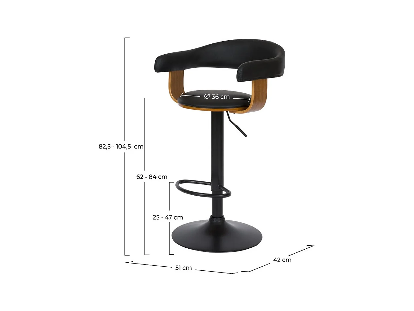 Silla de bar ajustable 62/84 cm en piel sintética negra - Harold