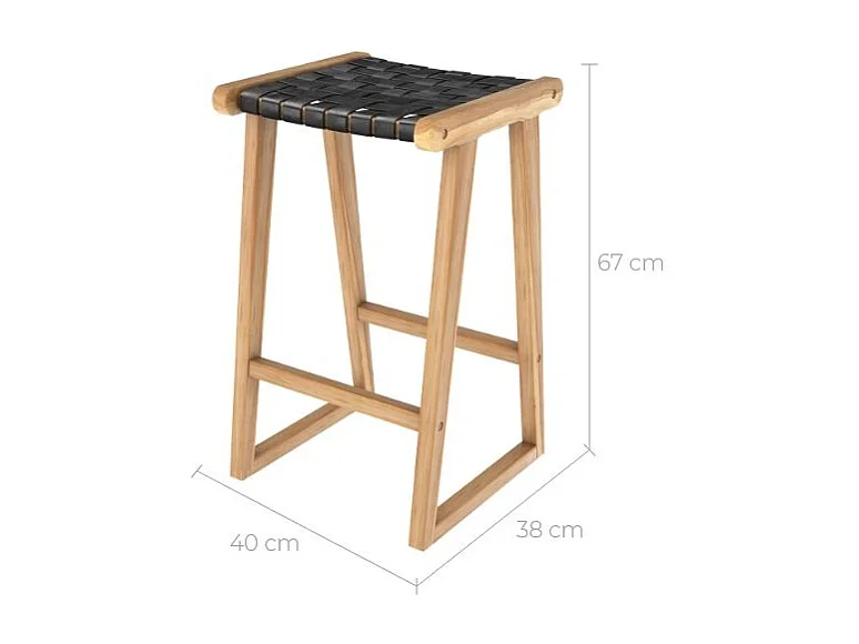 Tabouret pour îlot central 65 cm en teck et cuir tressé noir - Yuma