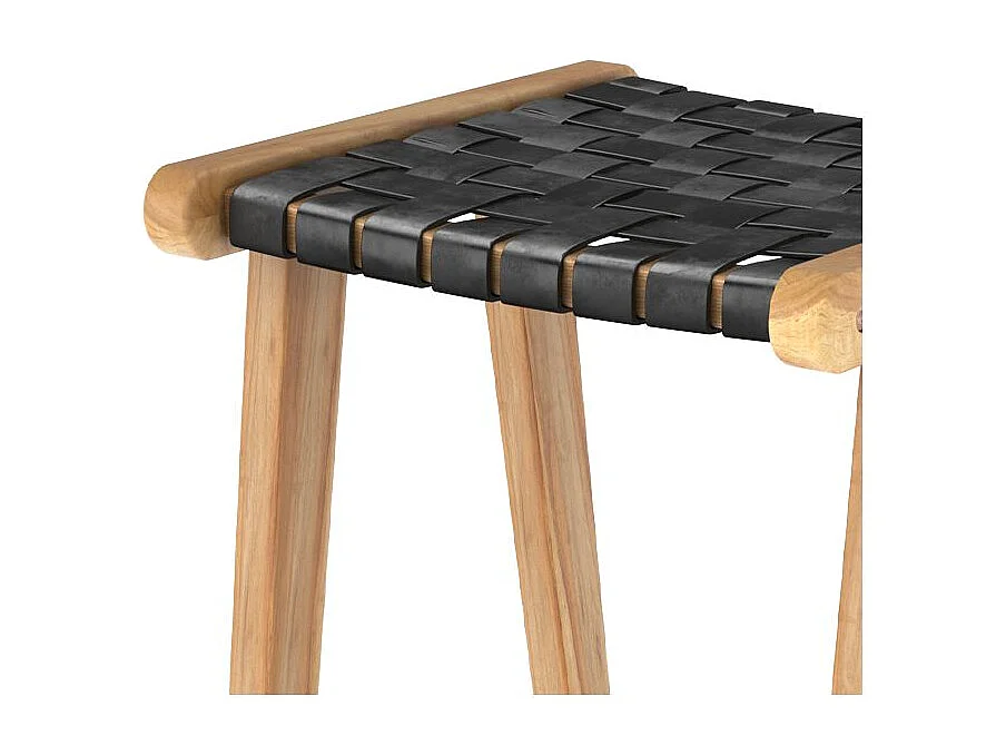 Tabouret pour îlot central 65 cm en teck et cuir tressé noir - Yuma