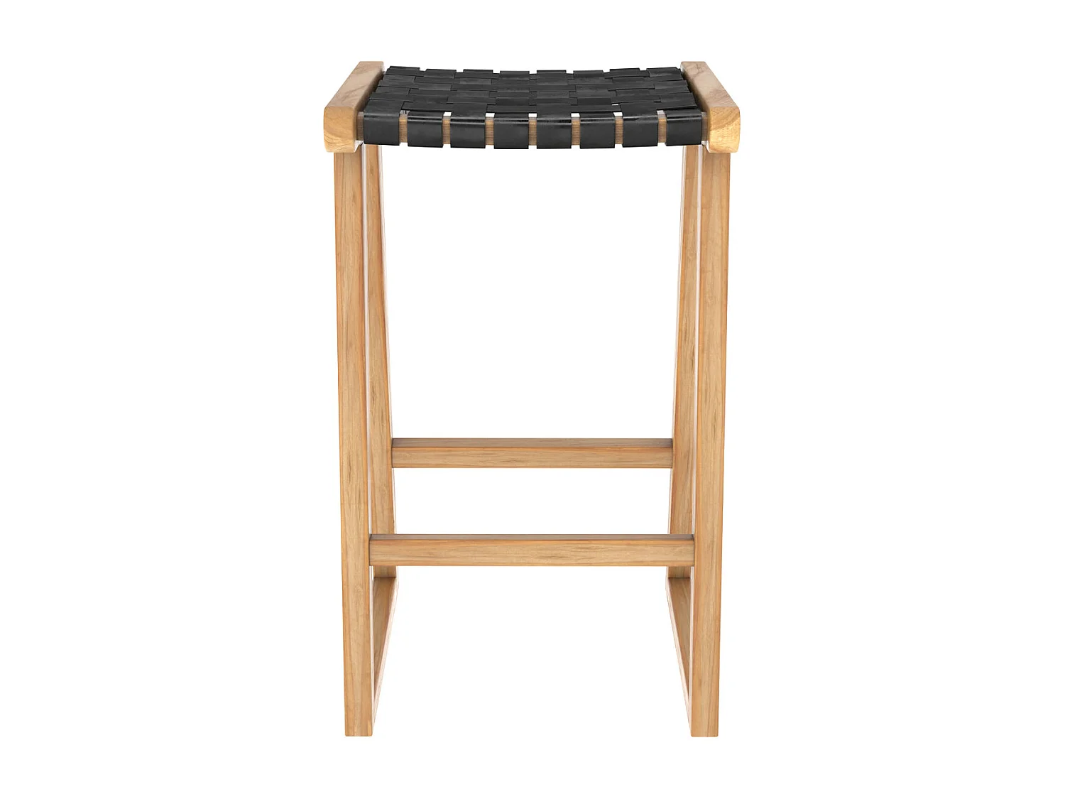 Tabouret pour îlot central 65 cm en teck et cuir tressé noir - Yuma