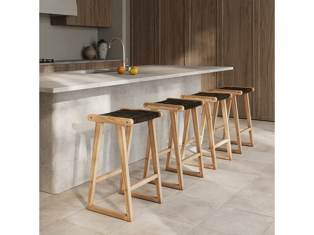 Tabouret pour îlot central 65 cm en teck et cuir tressé noir - Yuma