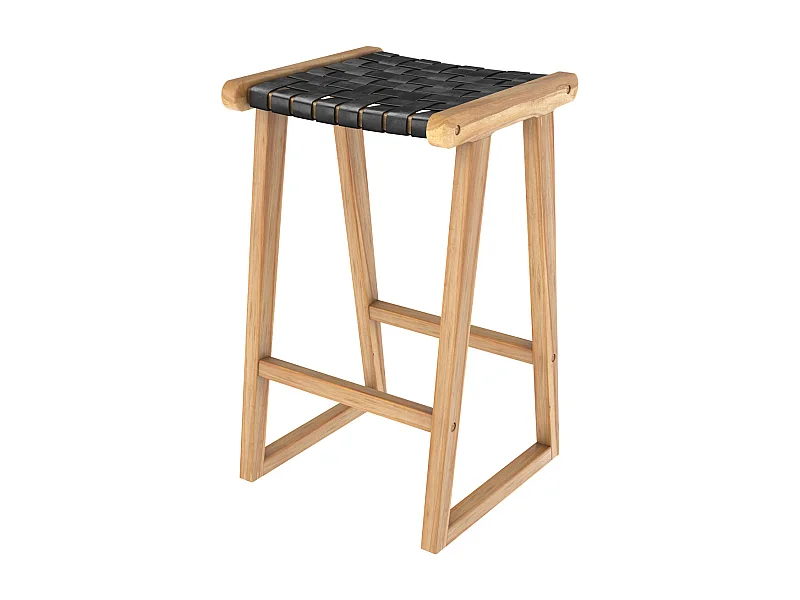 Tabouret pour îlot central 65 cm en teck et cuir tressé noir - Yuma