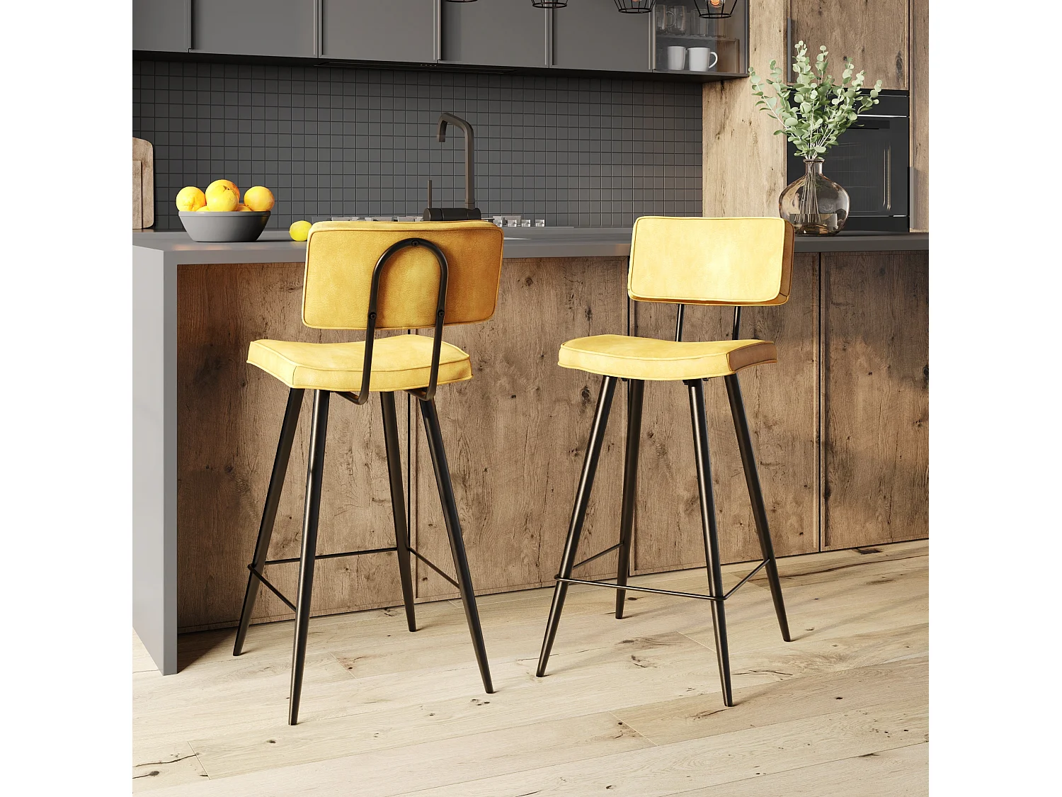 Lot de 2 chaises de bar mi-hauteur 66 cm cuir synthétique jaune - Texas