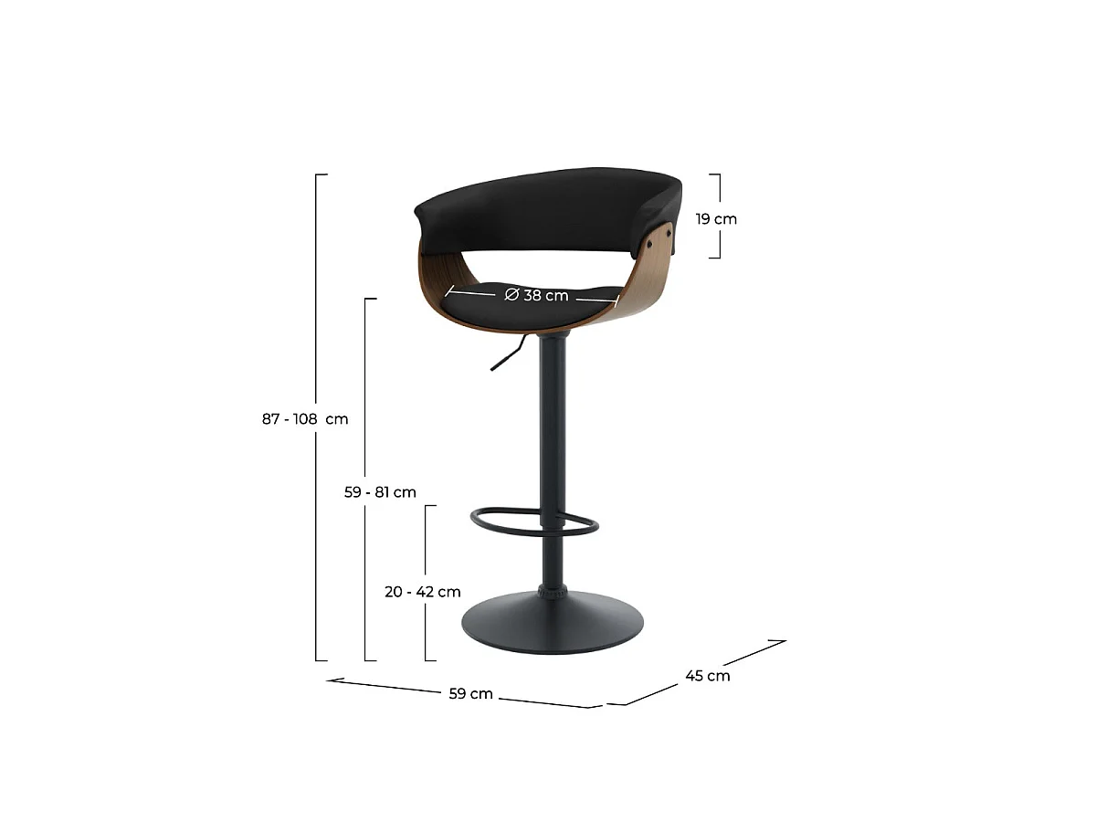 Silla de bar ajustable 59/81 cm en cuero artificial negro - Basile