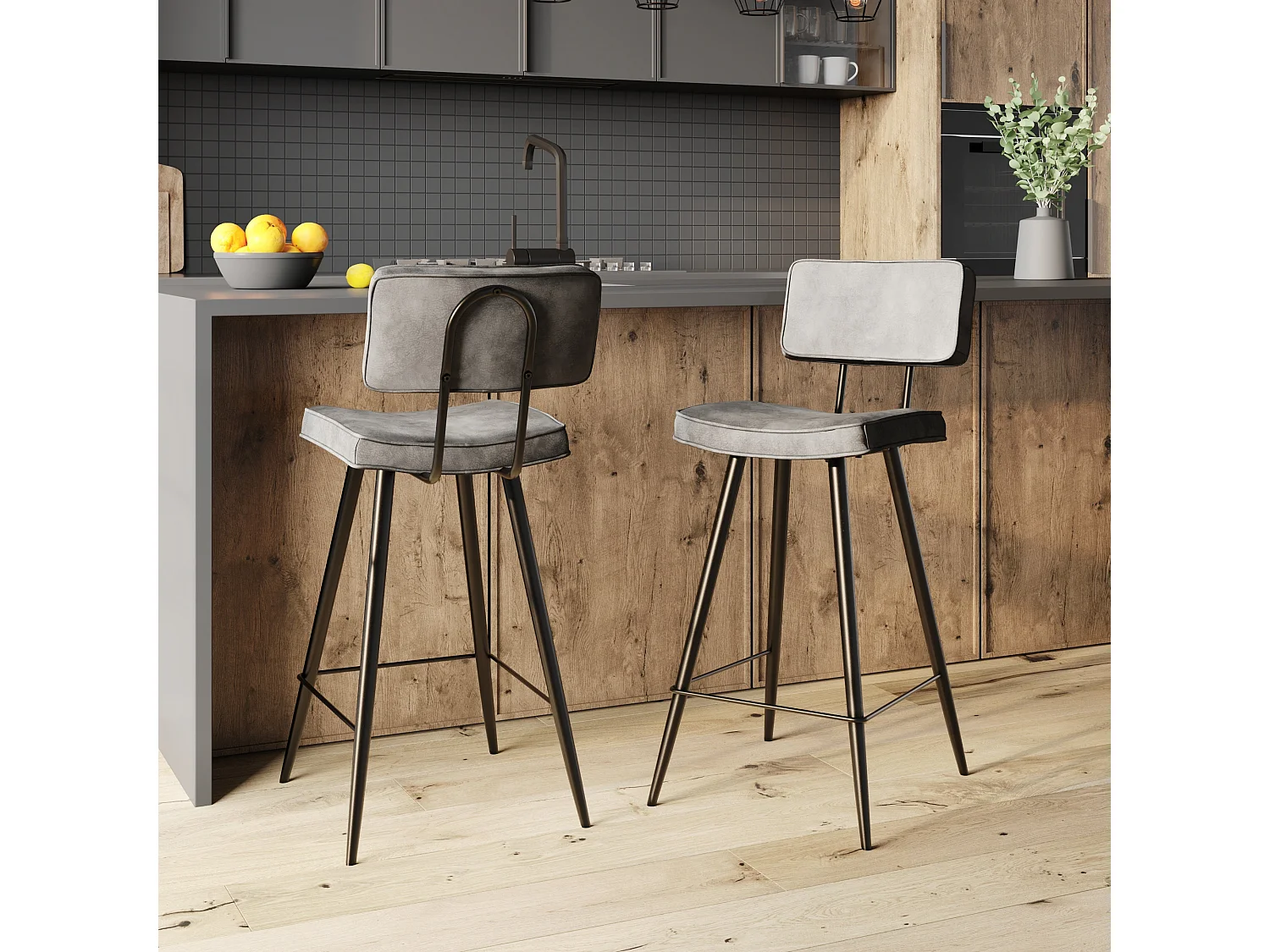 Set de 2 taburetes para isla de cocina de cuero sintético gris 66 cm - Texas