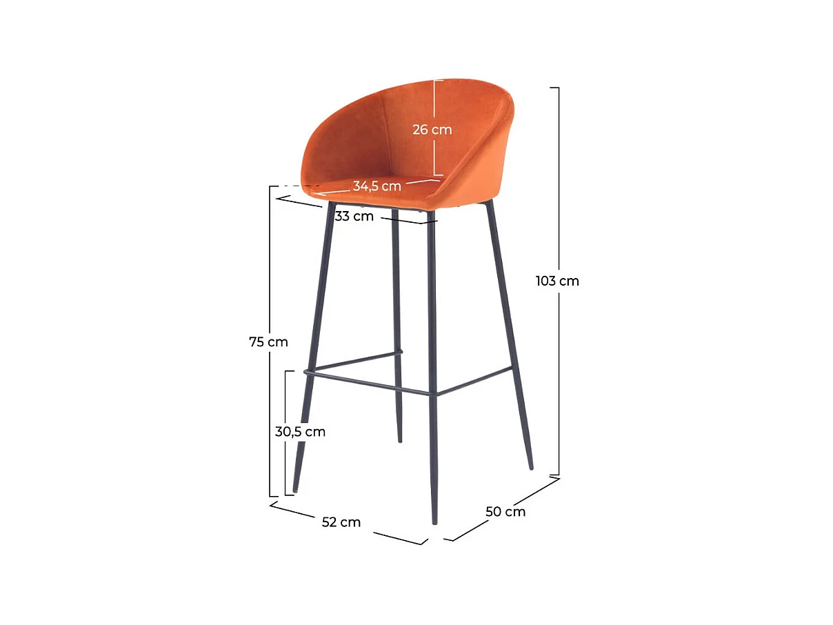 Lot de 2 chaises de bar 75 cm en velours orange - Marquise
