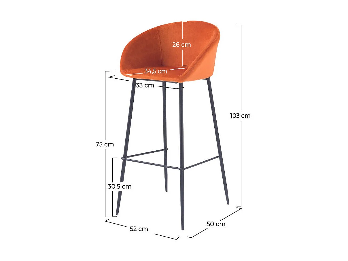 Lot de 2 chaises de bar 75 cm en velours orange - Marquise