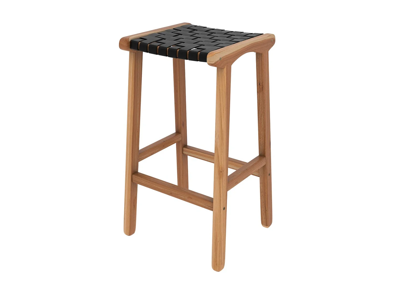Tabouret pour îlot central 68 cm en teck et cuir tressé noir - Kuna