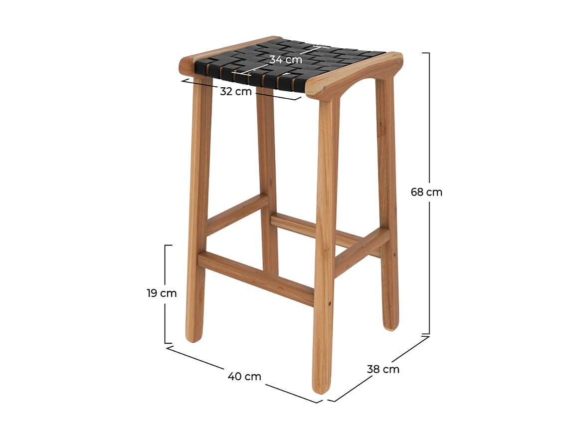 Tabouret pour îlot central 68 cm en teck et cuir tressé noir - Kuna