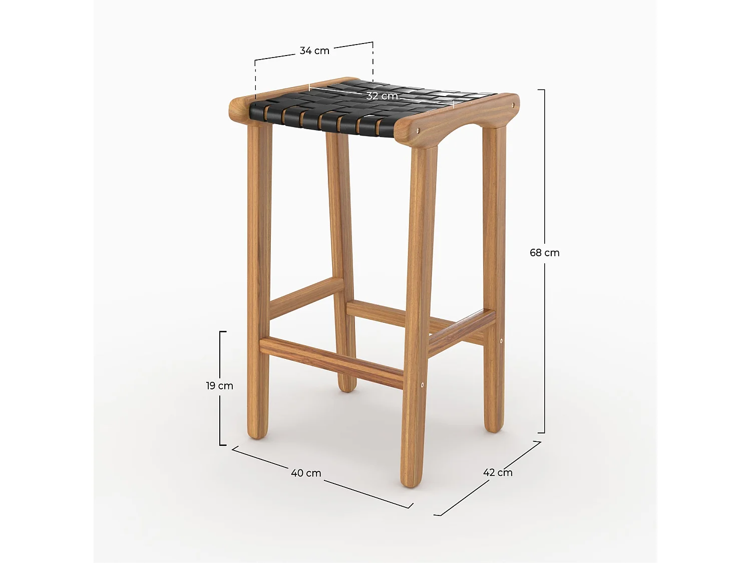 Taburetes para isla de cocina de teca y cuero negro tejido 66 cm - Kuna