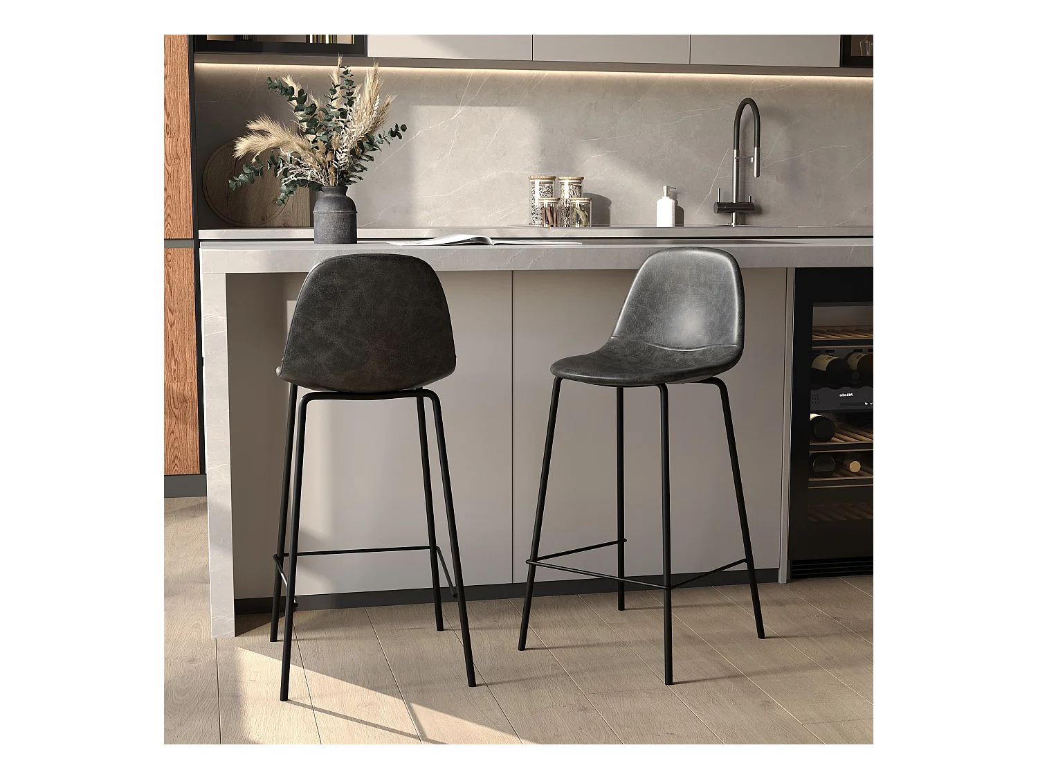Lot de 2 chaises pour îlot central 65 cm en cuir synthétique gris - Henrik