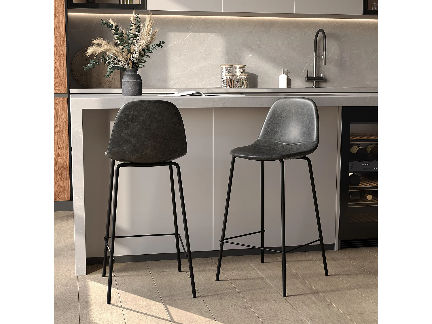 Set di 2 sedie per isola centrale 65 cm in ecopelle grigia - Henrik