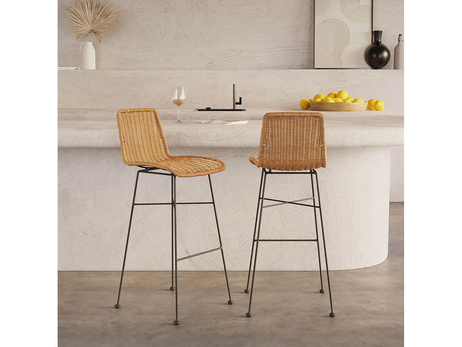 Lot de 2 chaises de bar mi-hauteur 63 cm en résine tressée marron - Mandya