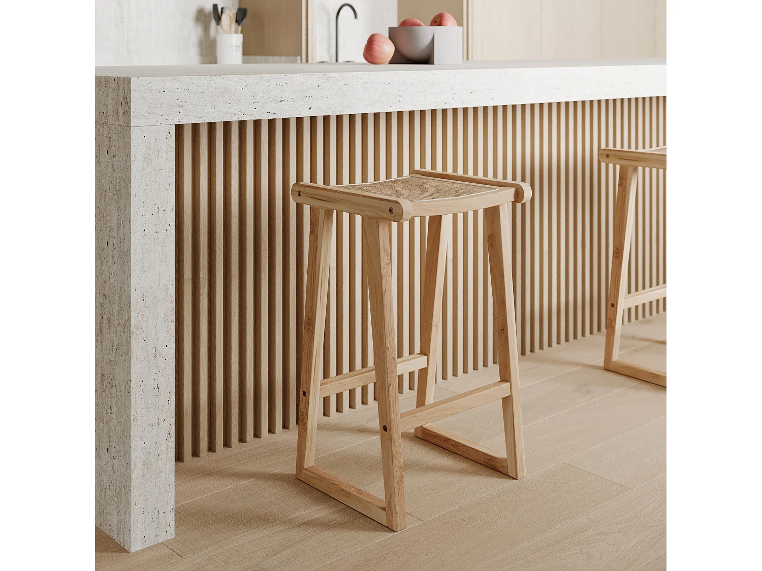 Taburetes para isla de cocina de teca y ratán natural 66 cm - Haida