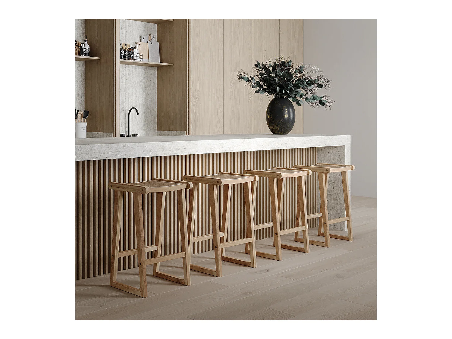 Tabouret pour îlot central 66 cm en teck et rotin naturel - Haida