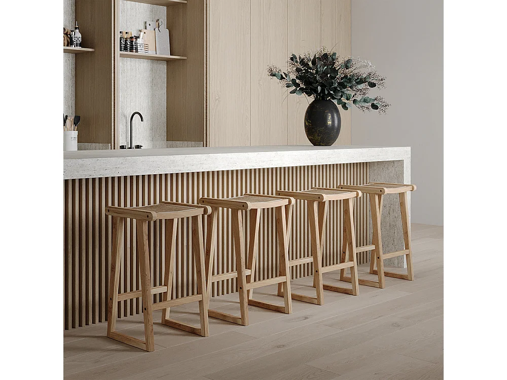 Tabouret pour îlot central 66 cm en teck et rotin naturel - Haida