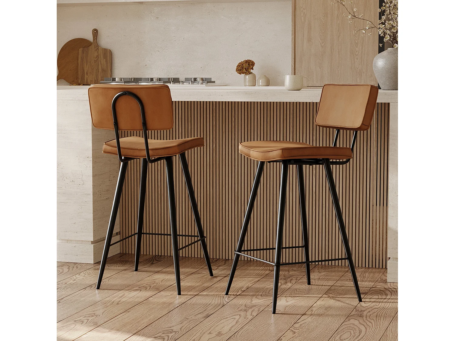 Lot de 2 chaises pour îlot central 66 cm en cuir synthétique camel - Texas