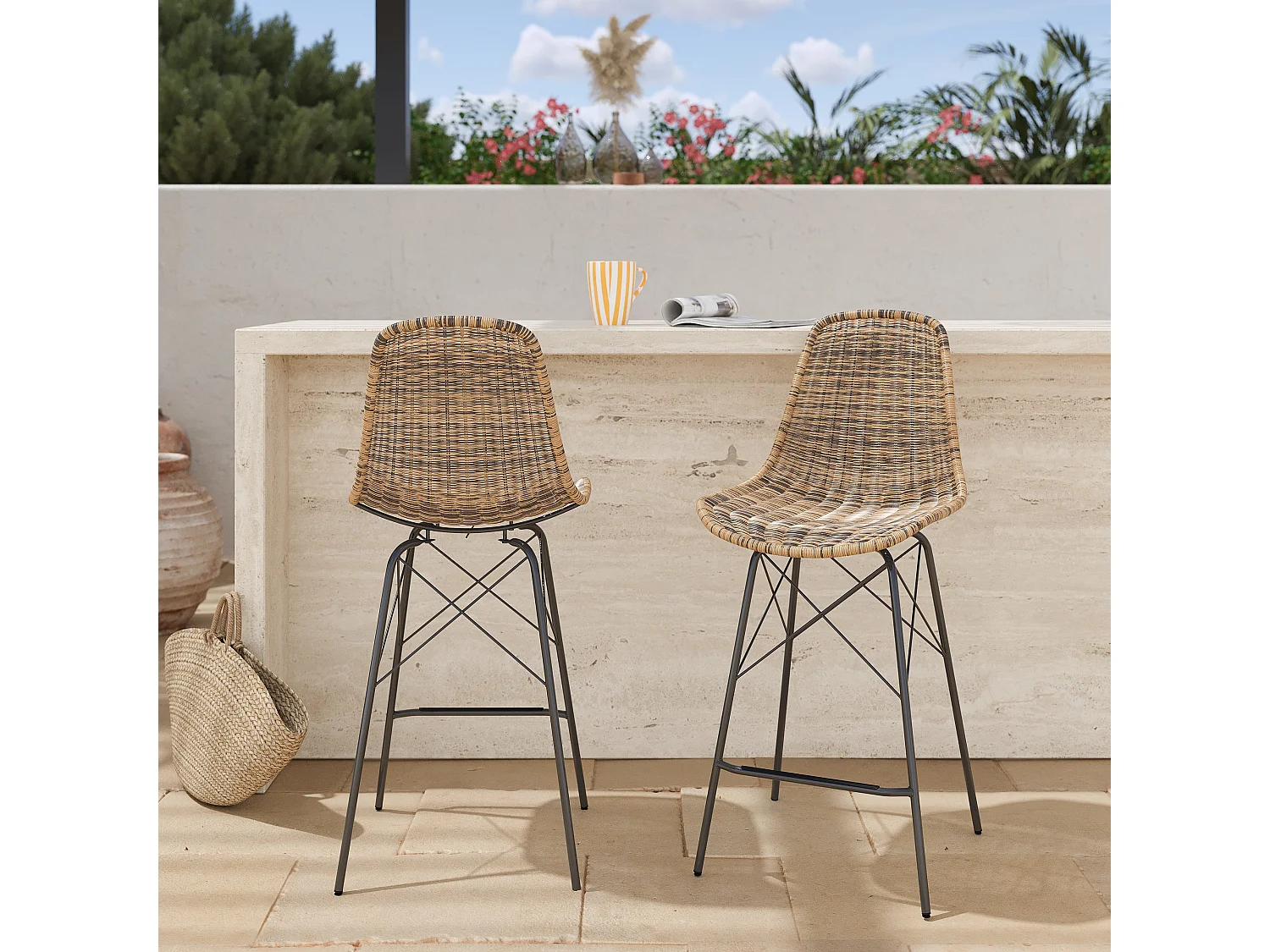 Lot de 2 chaises de bar de jardin 63 cm en résine tressée marron - Tiptur