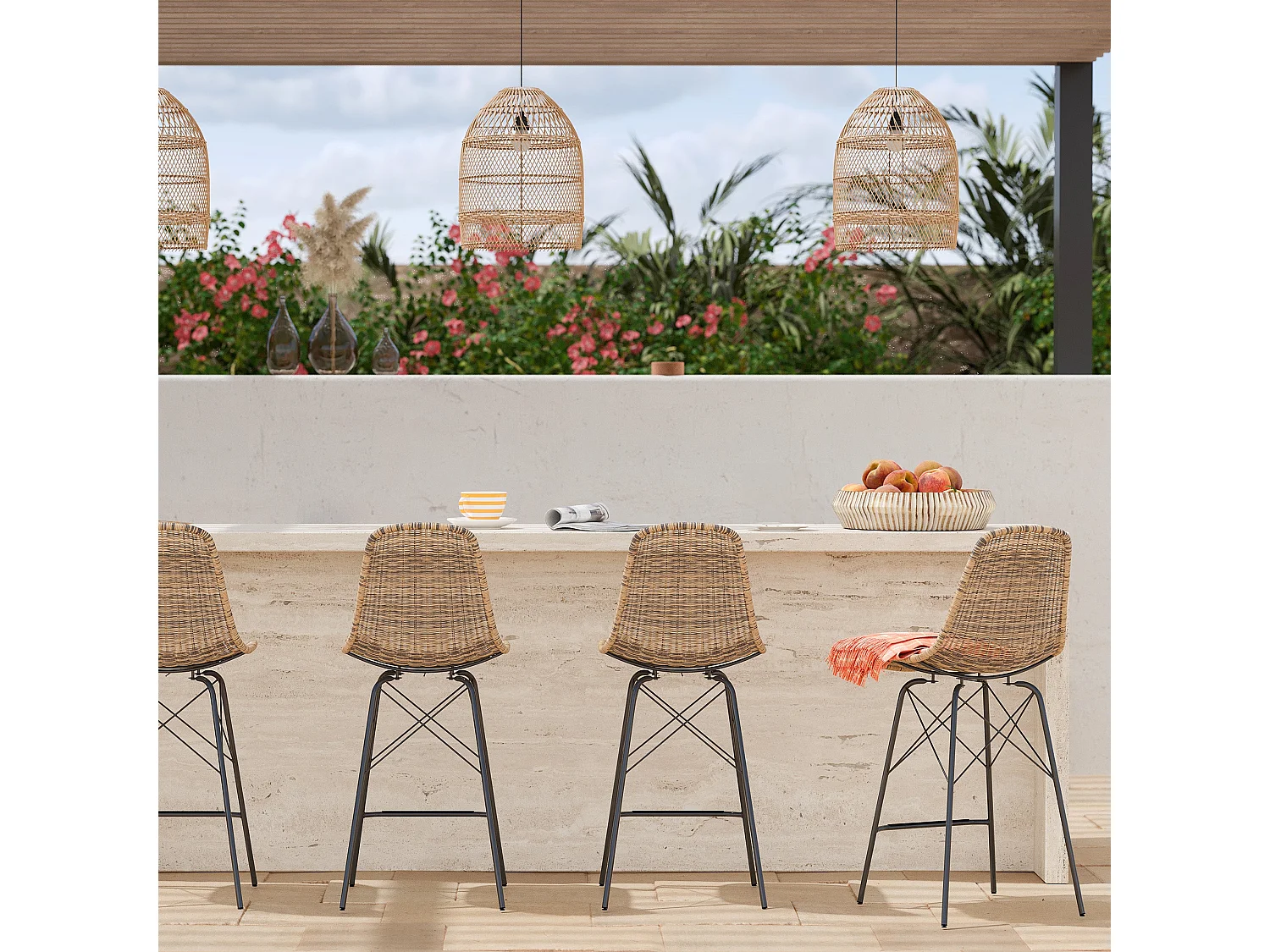 Lot de 2 chaises de bar de jardin 63 cm en résine tressée marron - Tiptur