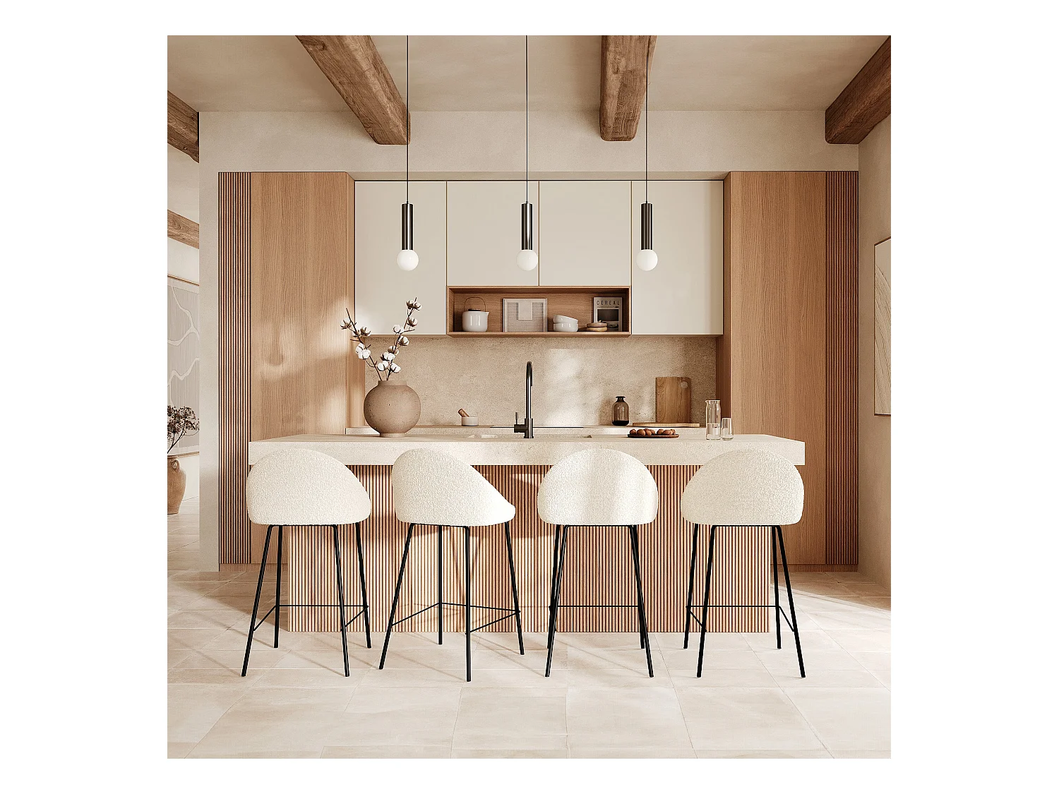 Set de 2 sillas para isla de cocina blancas efecto lana 65 cm - Misty