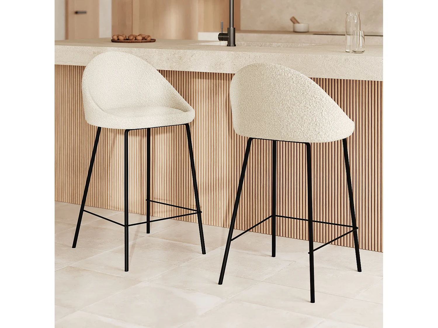 Set di 2 sedie per isola centrale da 65 cm in tessuto bouclette bianco - Misty