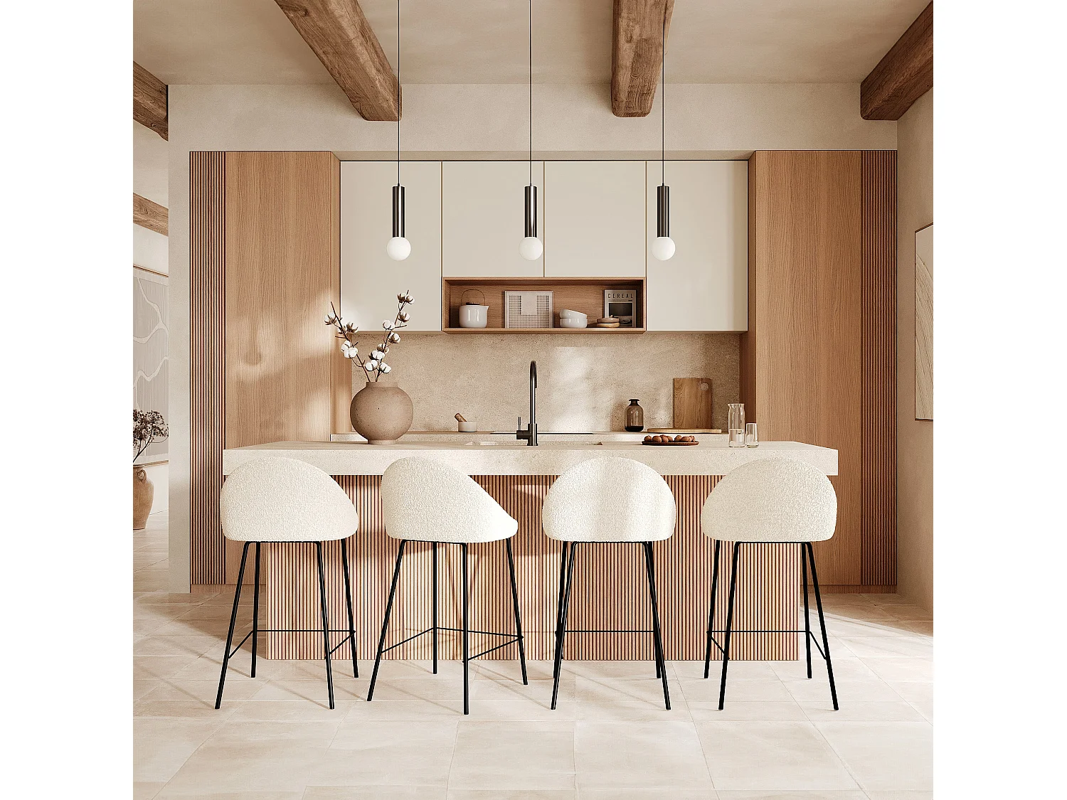 Set de 2 sillas para isla de cocina blancas efecto lana 65 cm - Misty