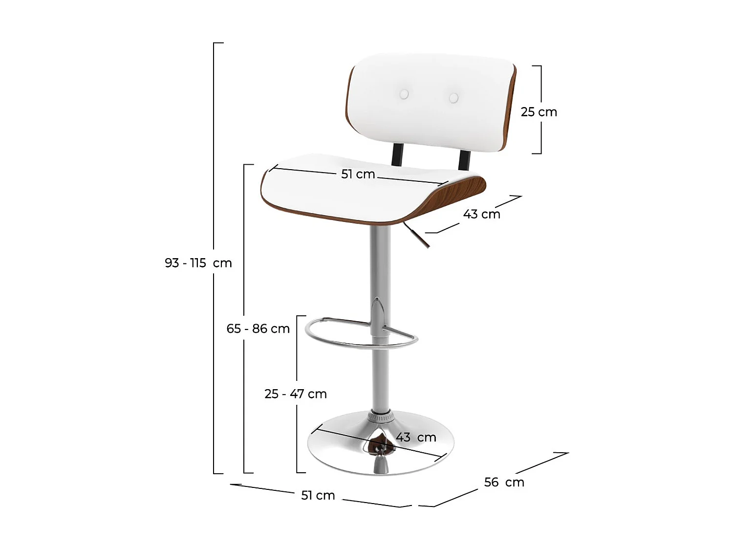 Chaise de bar réglable en PU blanc 65/86 cm - Melchior