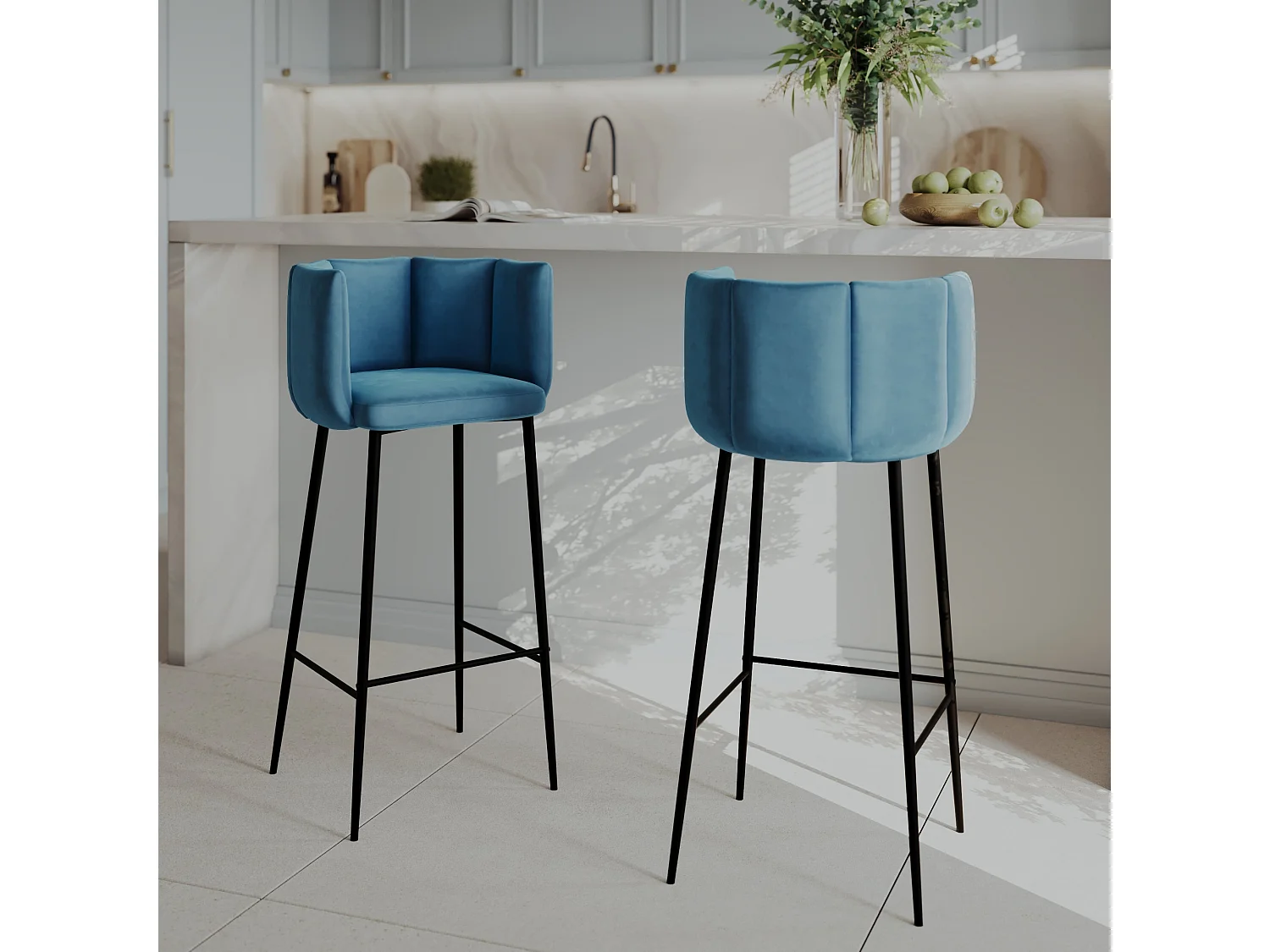 Lot de 2 chaises de bar en velours bleu 75 cm - Rosy