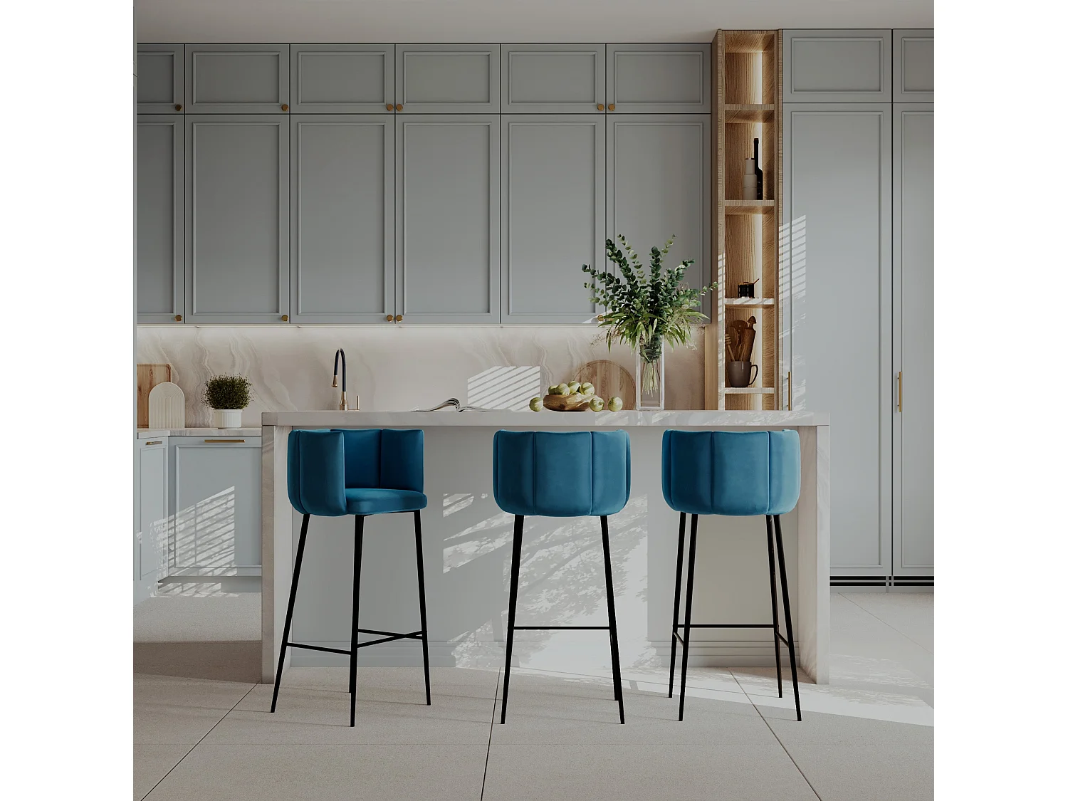 Lot de 2 chaises de bar en velours bleu 75 cm - Rosy