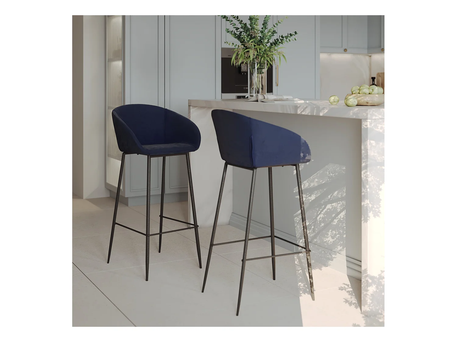Lot de 2 chaises de bar 75 cm en velours bleu - Marquise