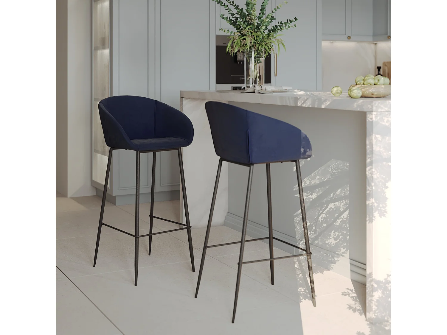Lot de 2 chaises de bar 75 cm en velours bleu - Marquise