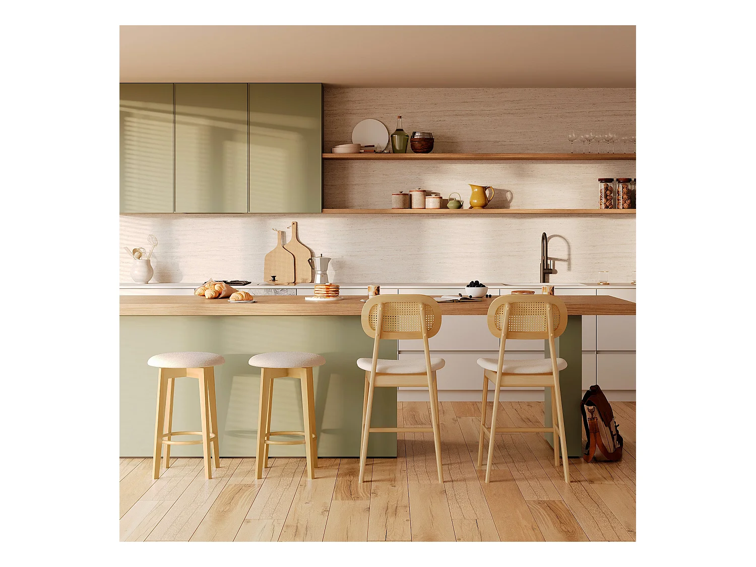 Set de 2 sillas de bar en tela beige y madera clara 66 cm - Vahina