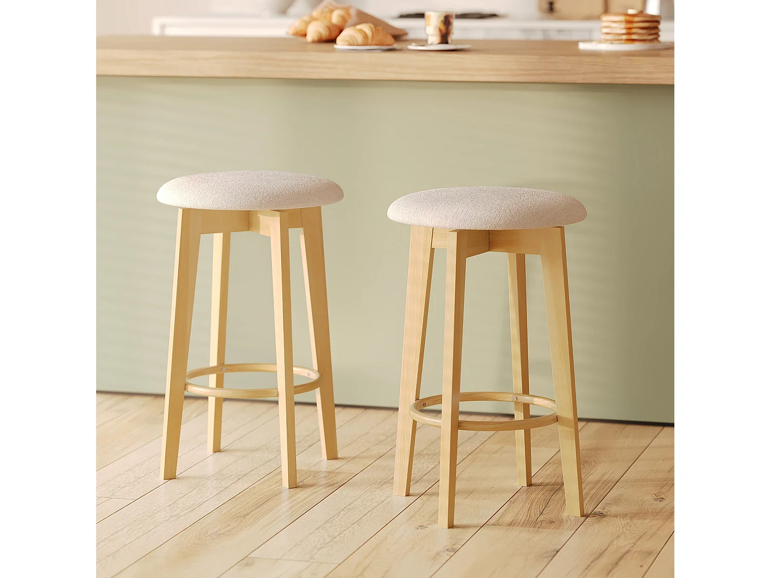 Lot de 2 tabourets pour îlot central 66 cm en tissu beige - Vahina
