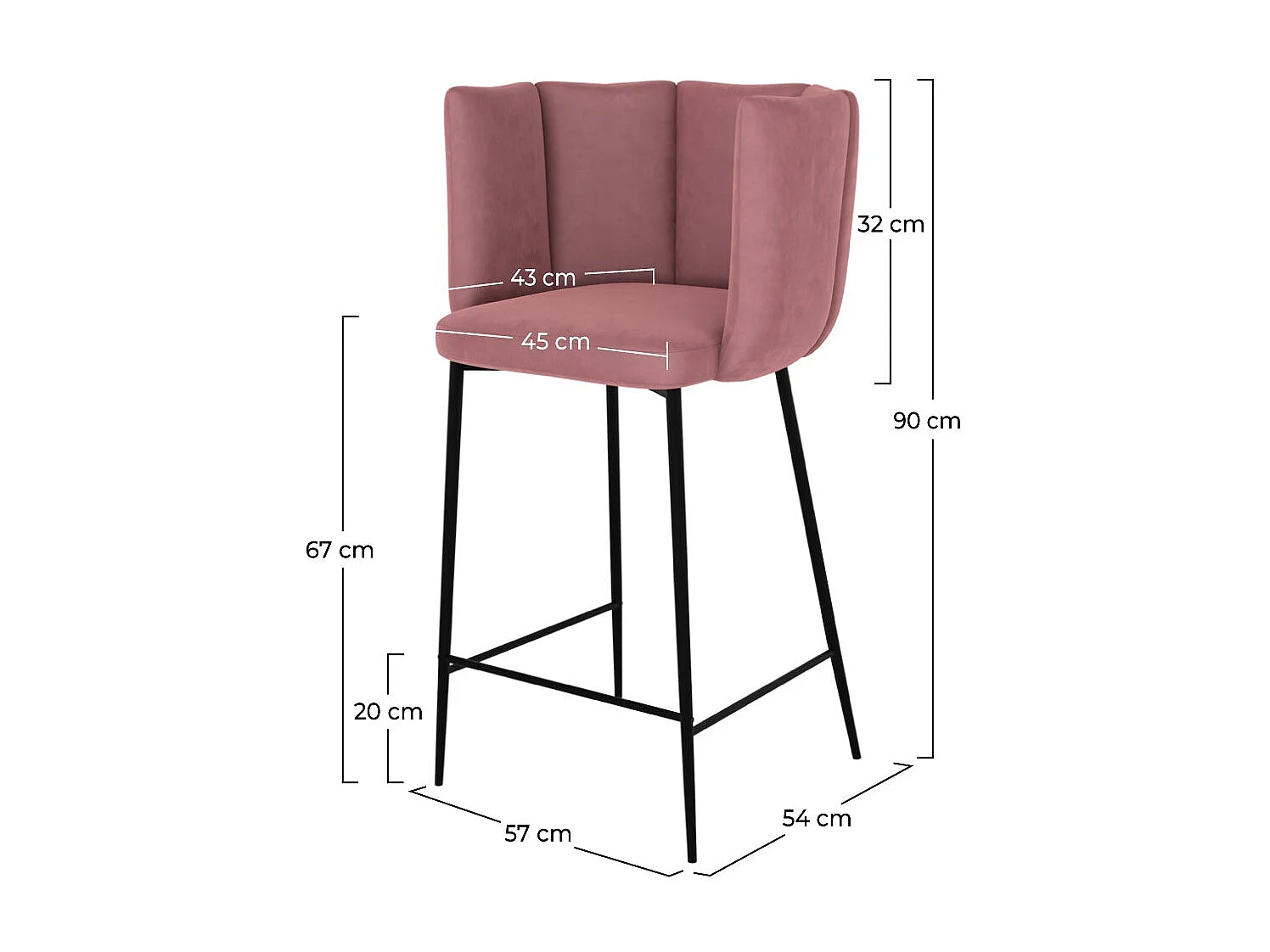 Lot de 2 chaises pour îlot central 67 cm en velours vieux rose - Rosy