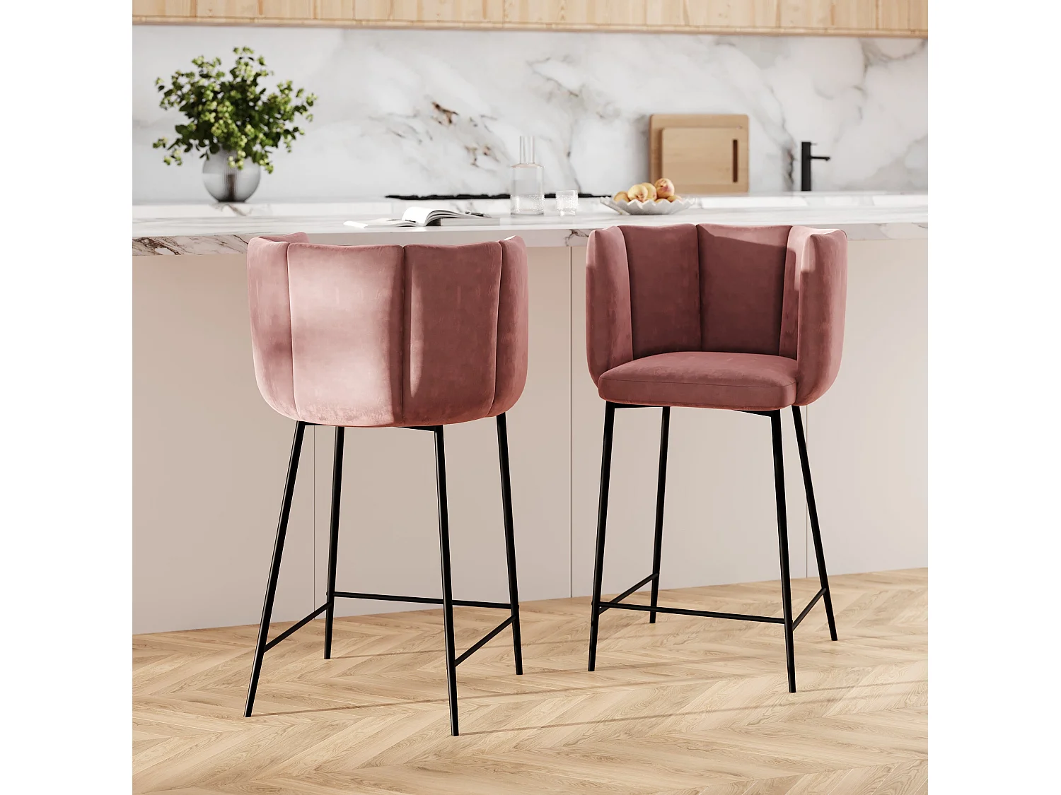 Lot de 2 chaises pour îlot central 67 cm en velours vieux rose - Rosy