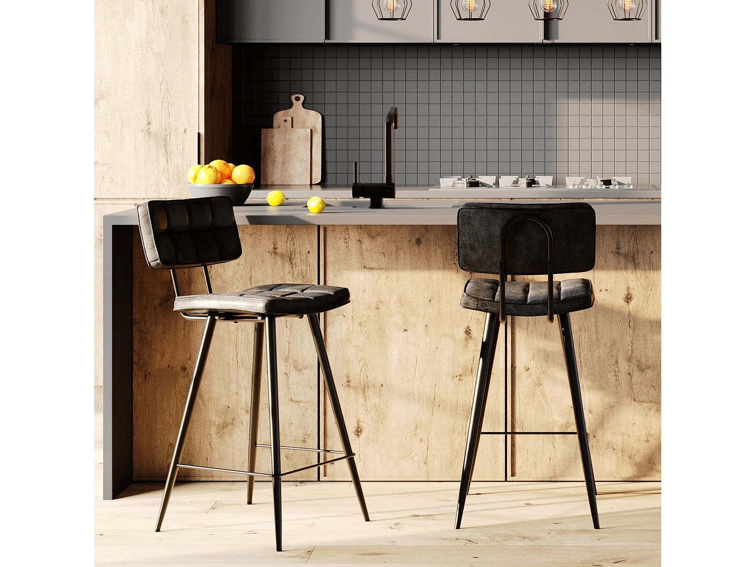 Set di 2 sedie per isola centrale 66 cm imbottite grigio/nero - Texas