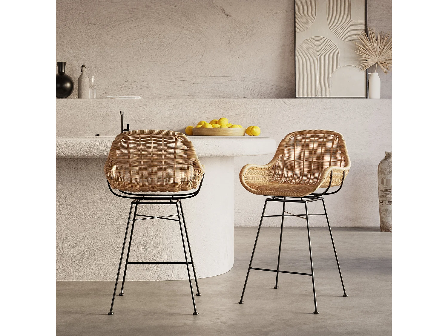 Lot de 2 chaises pour îlot central 65 cm en résine tressée naturelle - Carmela