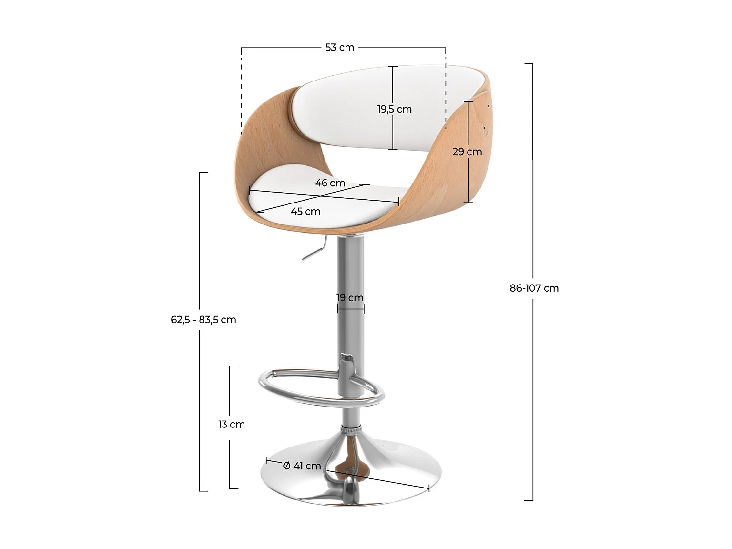 Silla de bar regulable en piel sintética blanca 62,5/83,5 cm - Adelmar