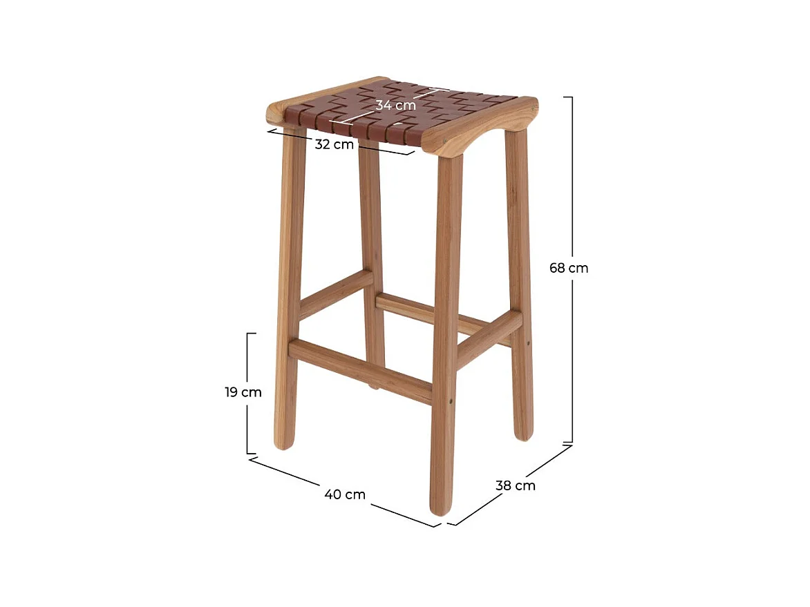 Taburetes para isla de cocina de teca y cuero tejido marrón 66 cm - Kuna