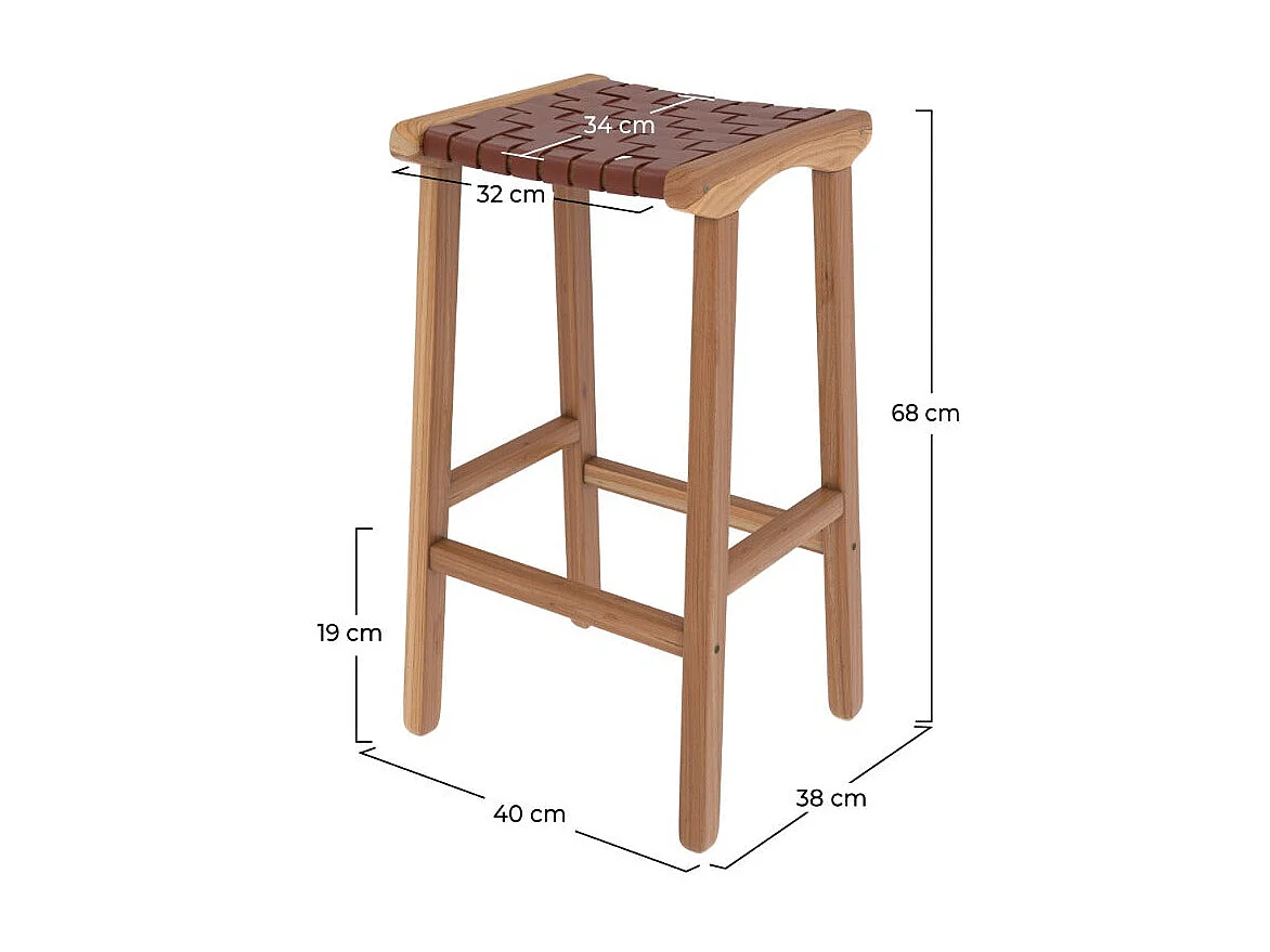 Tabouret pour îlot central 68 cm en teck et cuir tressé marron - Kuna